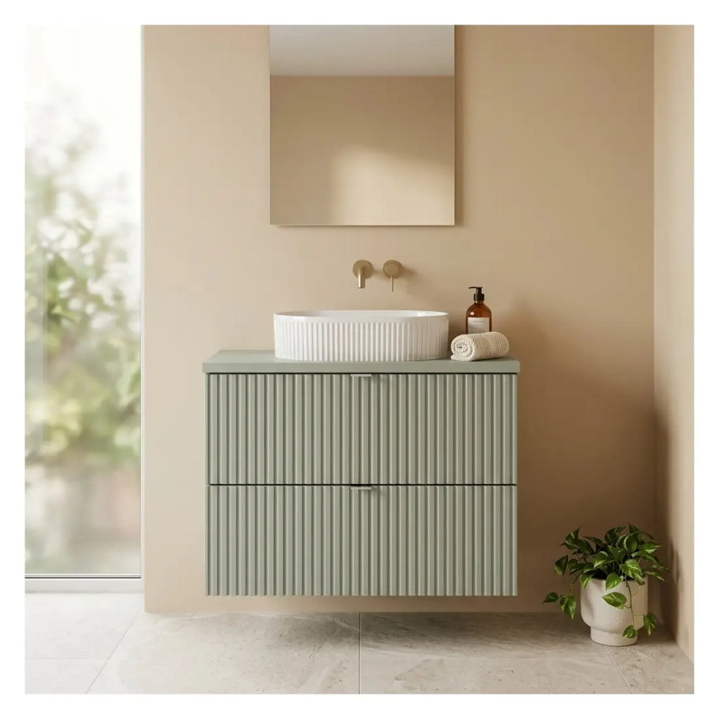 Set da bagno sospeso ELVINA 80cm : mobile sottolavabo con cassetti + piano per lavabo verde salvia grigio