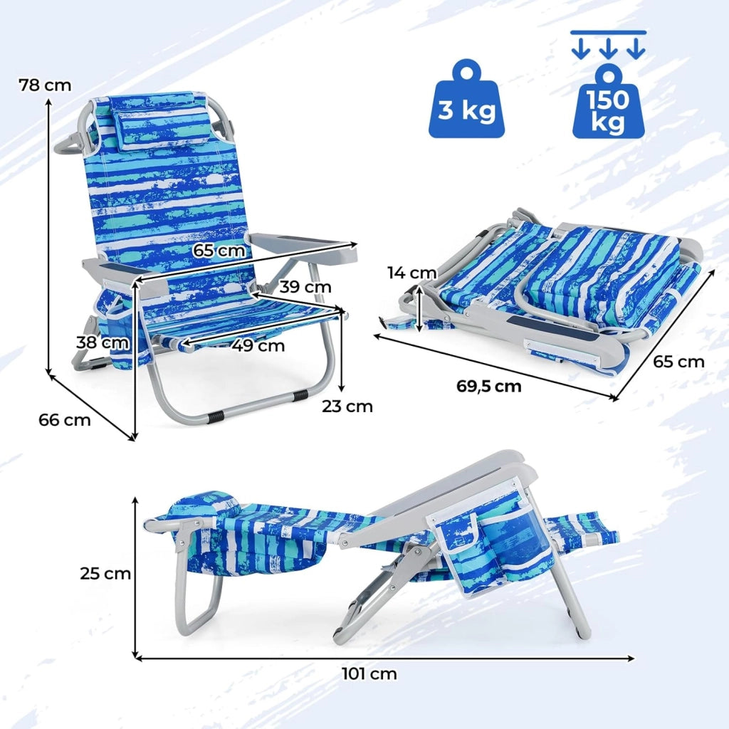 Sedia da Spiaggia, Sdraio Pieghevole a 5 Posizioni con Portabicchieri, Poltrona da Spiaggia con Cuscino per Testa e Zaino, Sedia da Campeggio Portatile, Portata 150 kg (Blu Scuro,2)