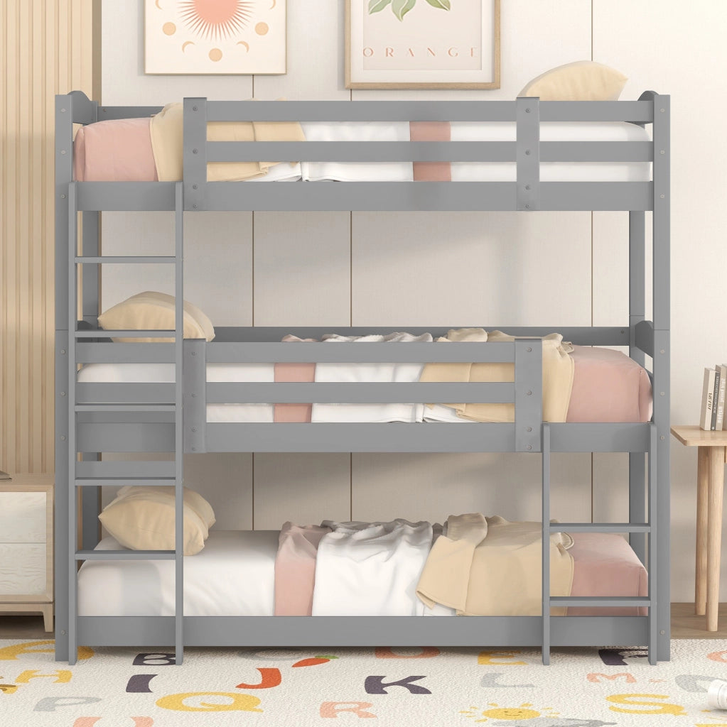 Letto a castello triplo in legno 90x200 cm grigio, soluzione salvaspazio