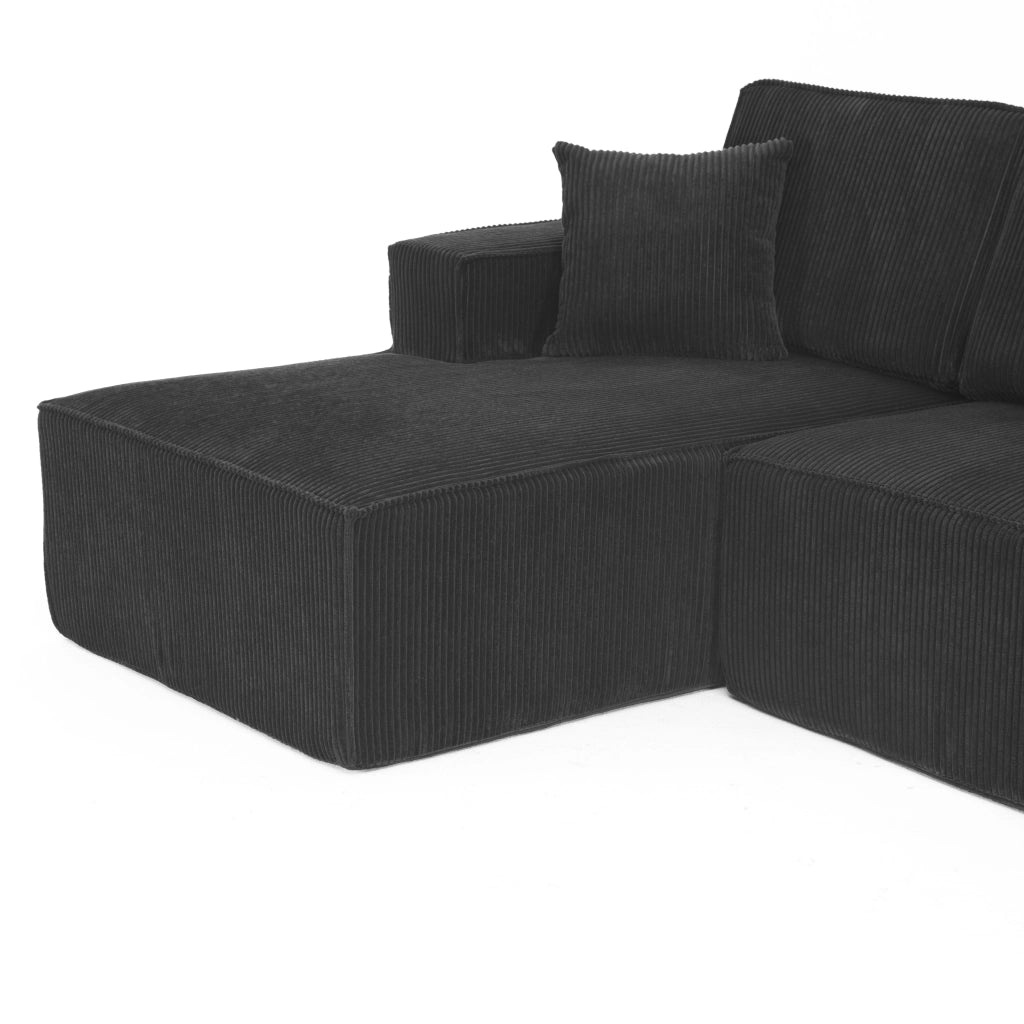 Divano ad angolo modulare con chaise longue, 2 posti, in velluto a coste, con 2 cuscini, nero