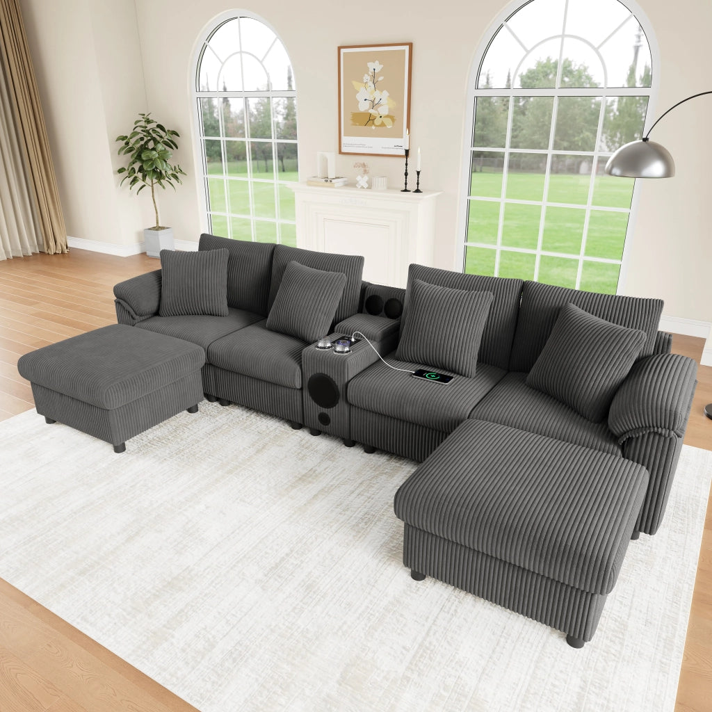 Divano modulare ad angolo a U con audio Bluetooth, consolle, USB, ricarica wireless e portabicchieri, in velluto a coste Grigio