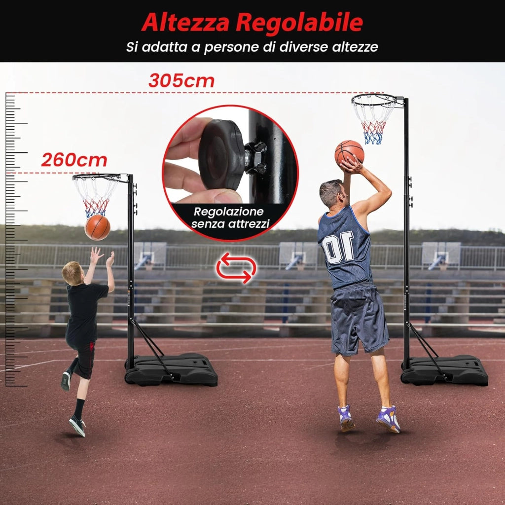 Supporto per Canestro da Basket Portatile e Regolabile in Altezza 206-305cm, Canestro da Basket da Esterno ed Interno con Base Riempibile e 2 Ruote Scorrevoli