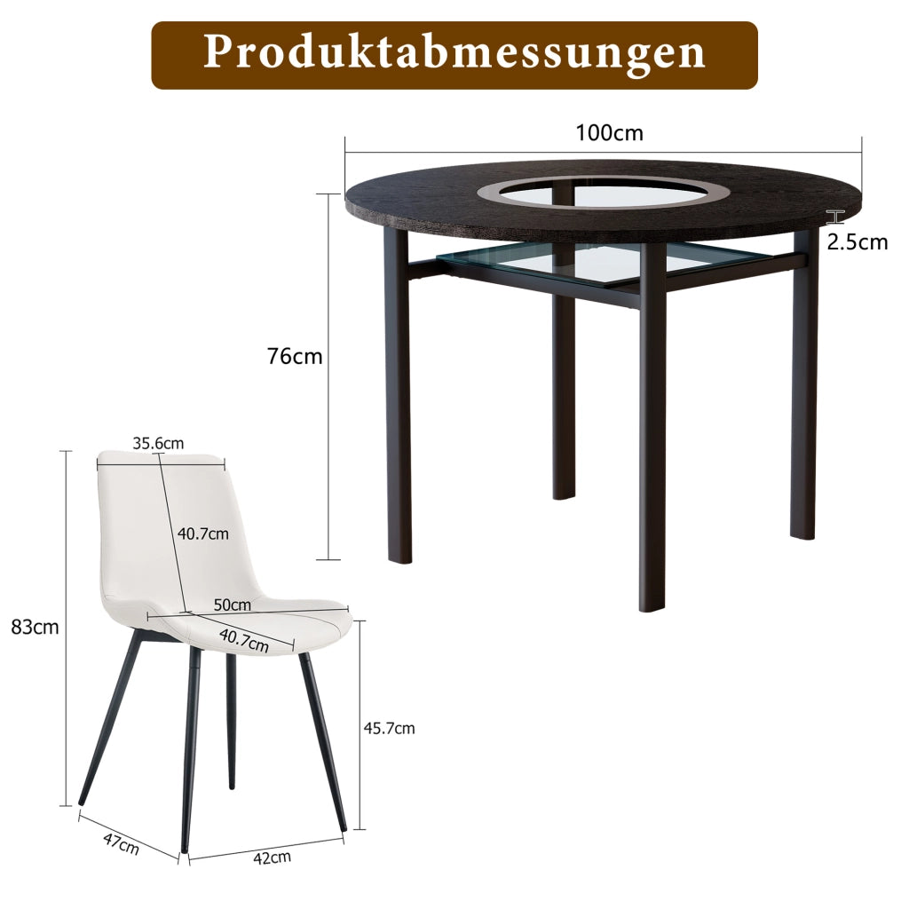 Tavolo da pranzo rotondo con inserto in vetro e ripiano in vetro, per soggiorno e cucina, in MDF e metallo, 100 cm