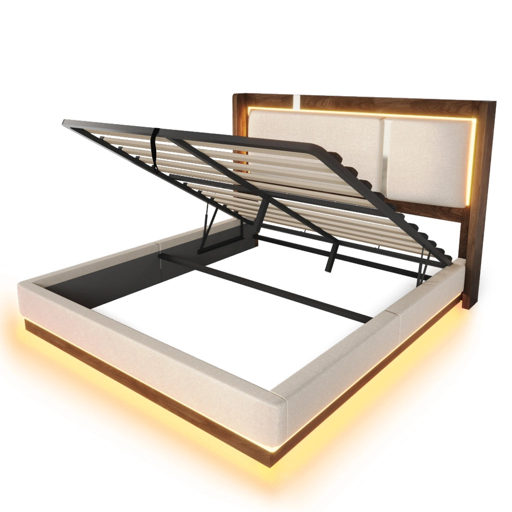 Letto imbottito 140x200 cm con LED e contenitore idraulico in lino, beige e noce