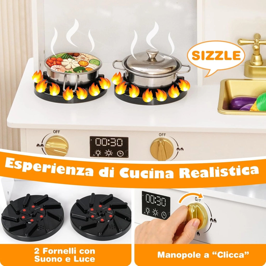 Cucina Giocattolo per Bambini, Cucinetta in Legno con Fornelli con Suoni e Luci, Macchina da Caffè, Microonde, Rubinetto, Lavello e Accessori, per Bambini 3+ Anni (Bianco)