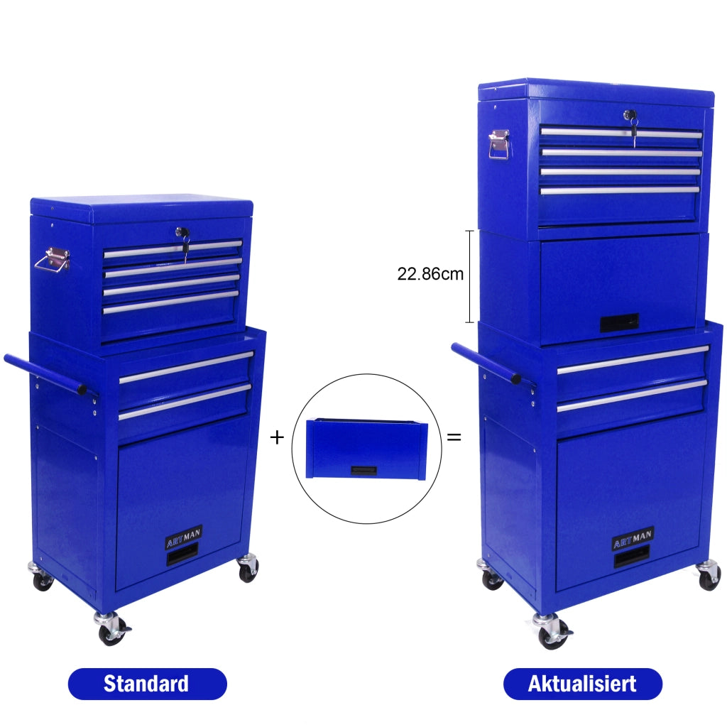 Cassettiera con ruote a 6 cassetti e sistema di blocco in acciaio per garage officina e autoriparazione blu