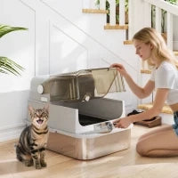 Lettiera per Gatti Chiusa XXL in Acciaio Inox, Coperchio Apribile a 90° e Doppie Porte, 70x50x46.5 cm, Grigio