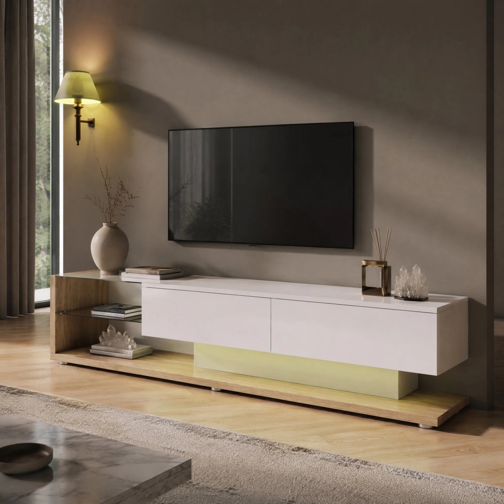 Mobile TV bianco lucido con cassetti e ripiani in vetro
