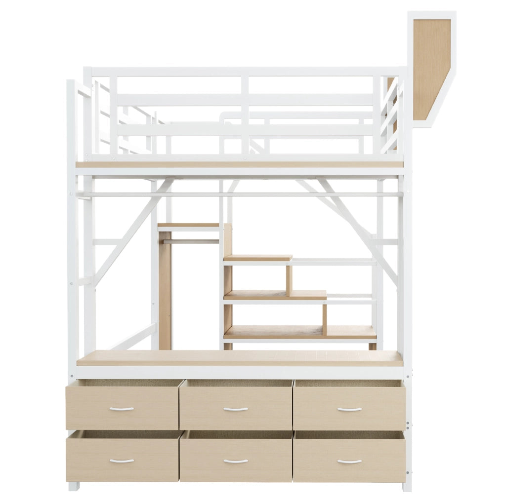 Letto a soppalco 140x200 cm in metallo bianco con LED; ripiani; cassetti in tessuto e scala contenitore