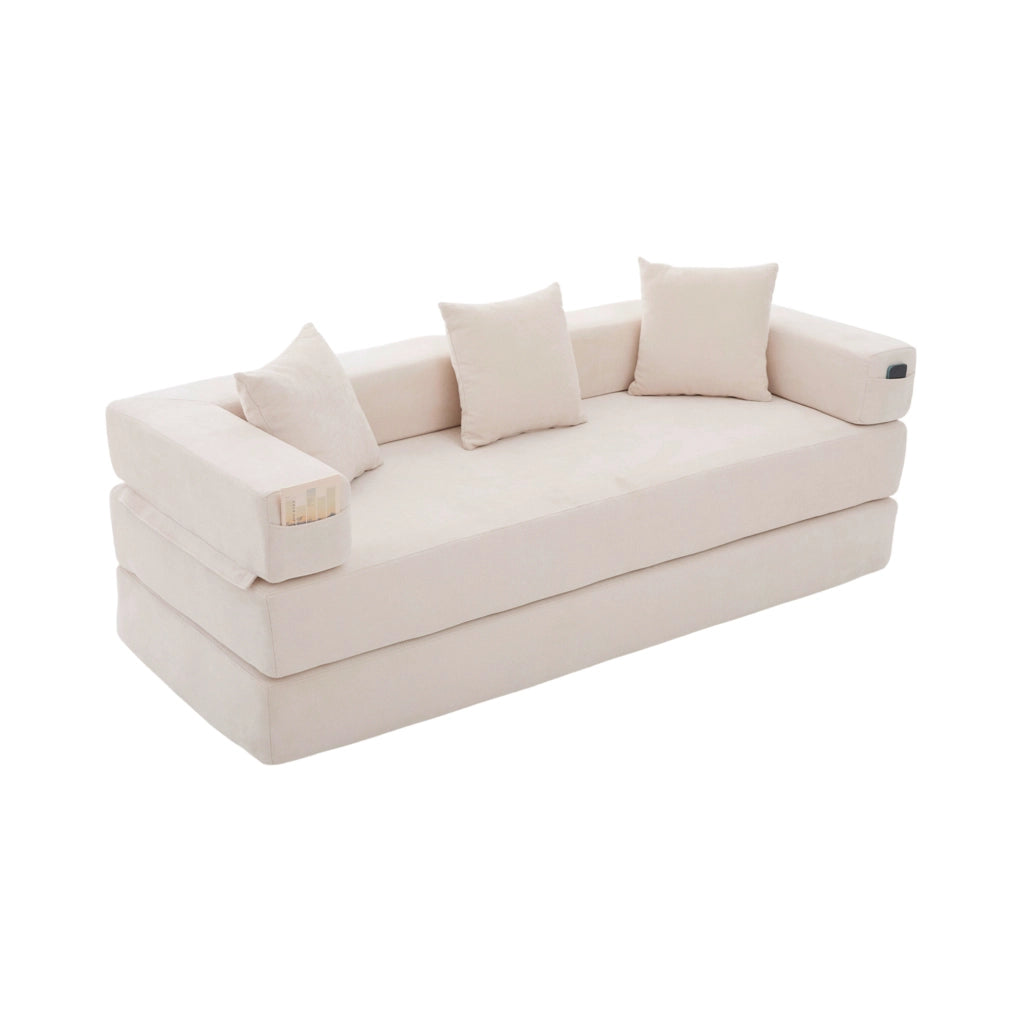 Divano modulare 198x79x60 cm in chenille con tasche laterali e fondo antiscivolo beige