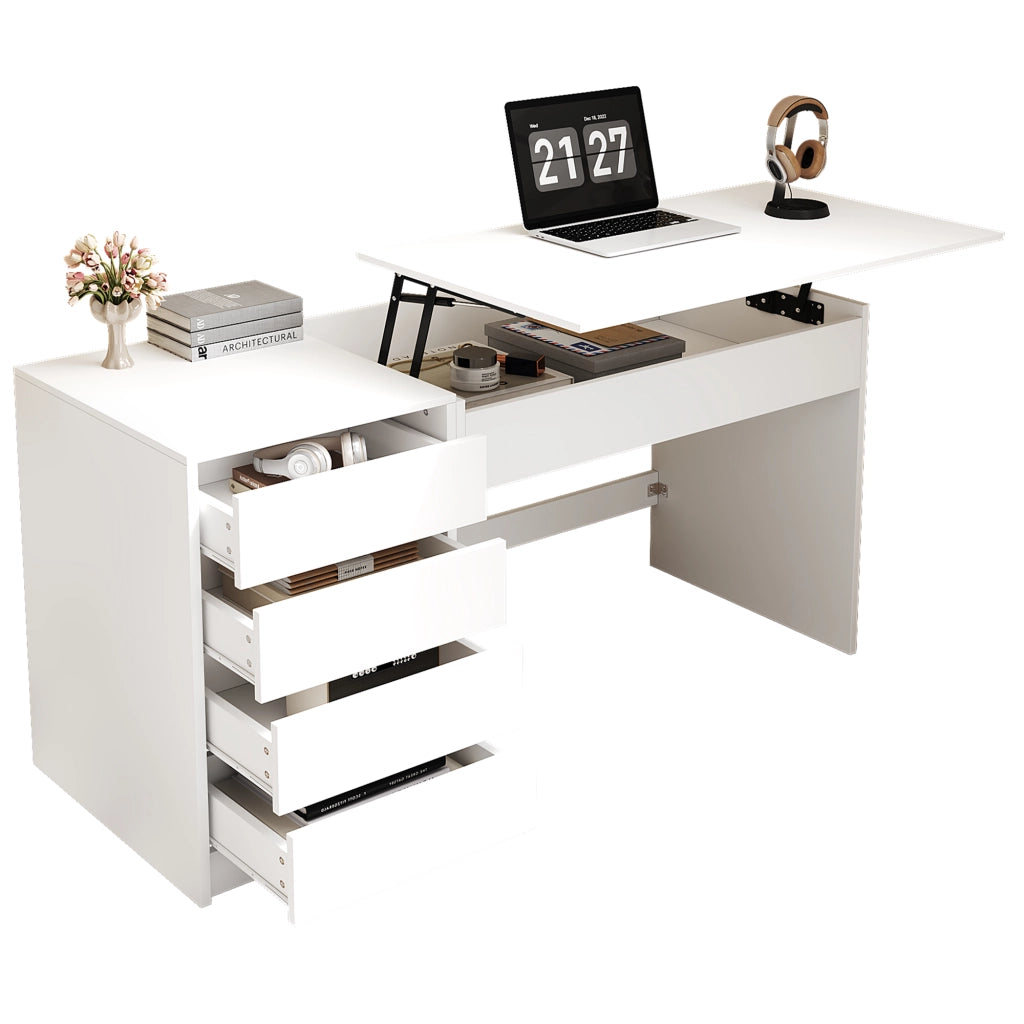 Scrivania bianca regolabile in altezza 120×50 cm con 4 cassetti e vano nascosto