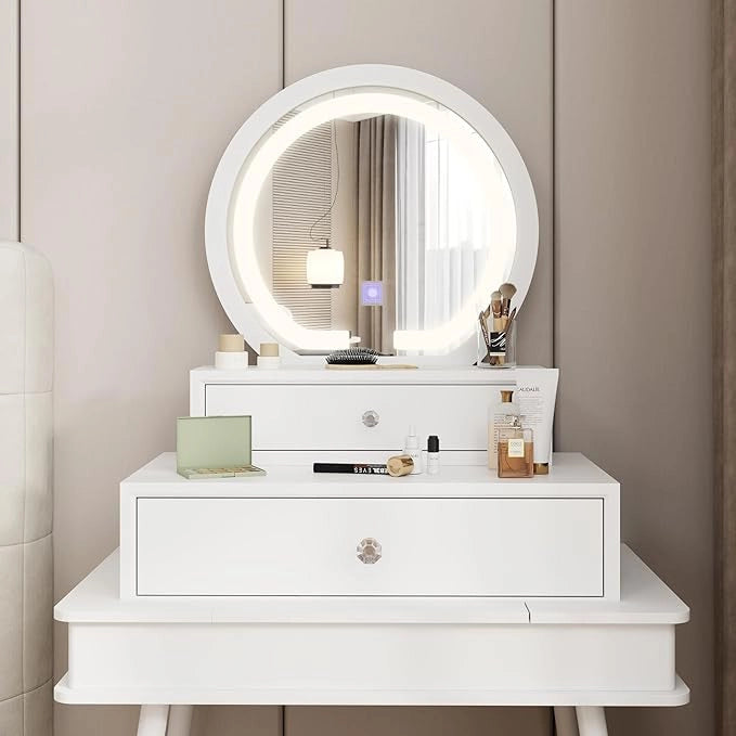 Toeletta da Trucco con Luci, Consolle Toeletta da Parete, con Specchio Moderno e 2 Cassetti Rimovibili, per Camera da Letto o Bagno, Bianco, 50 x 26 x 59,5 cm