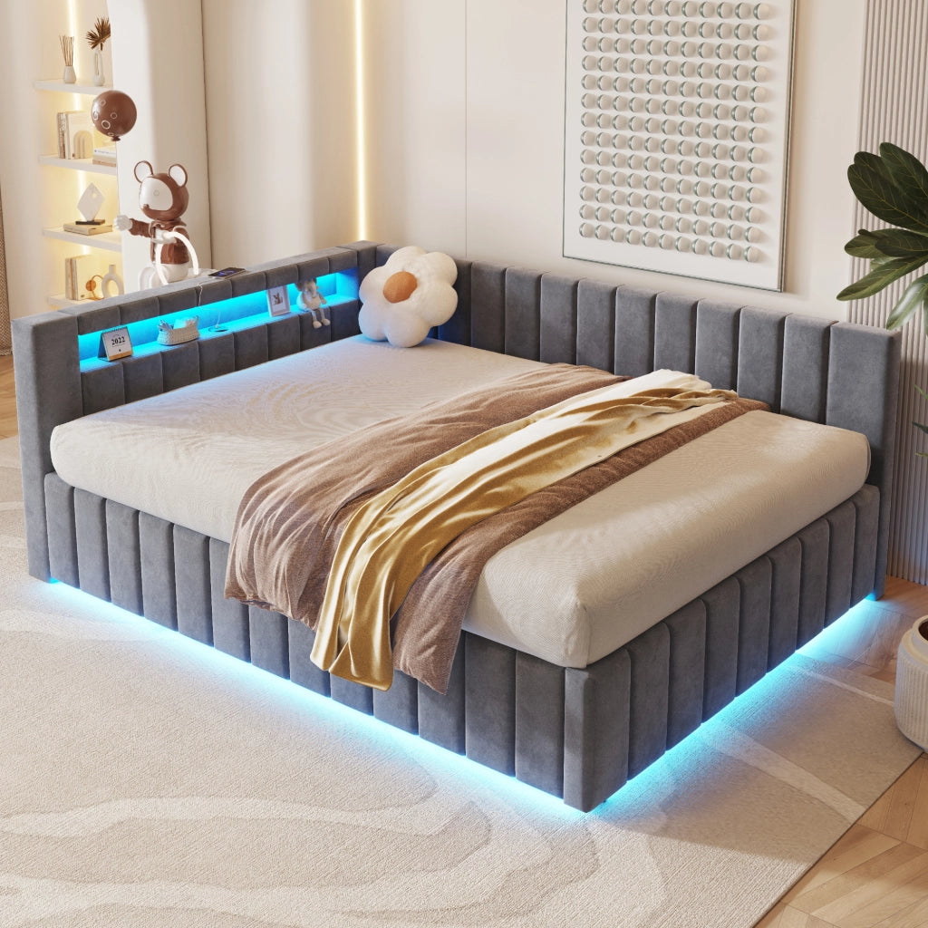 Letto Contenitore Matrimoniale 140x200 cm; USB e LED; con Schienale - in Velluto - Grigio