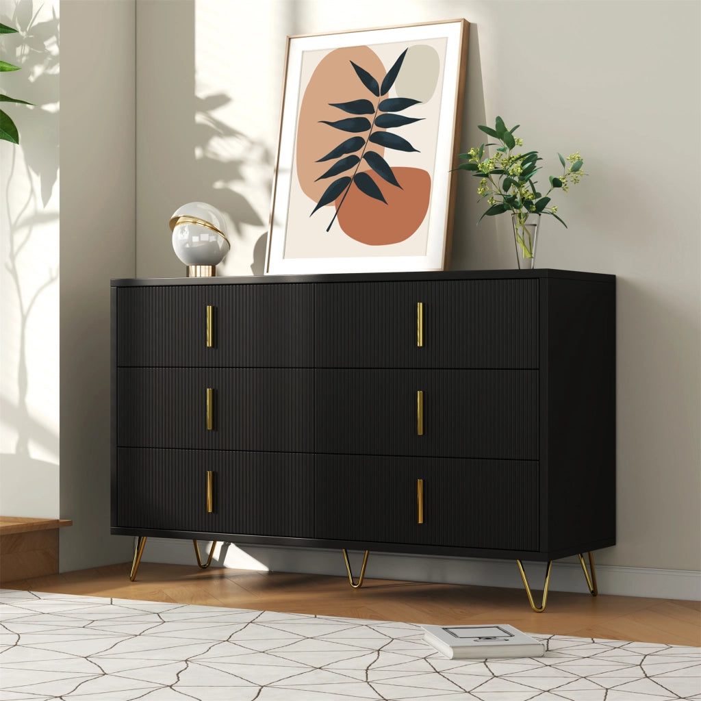 Credenza con 6 Cassetti e Gambe in Metallo; Frontale Ondulato; Stile Moderno; in Pannello Truciolare; 120??40??77 cm; Nero Oro