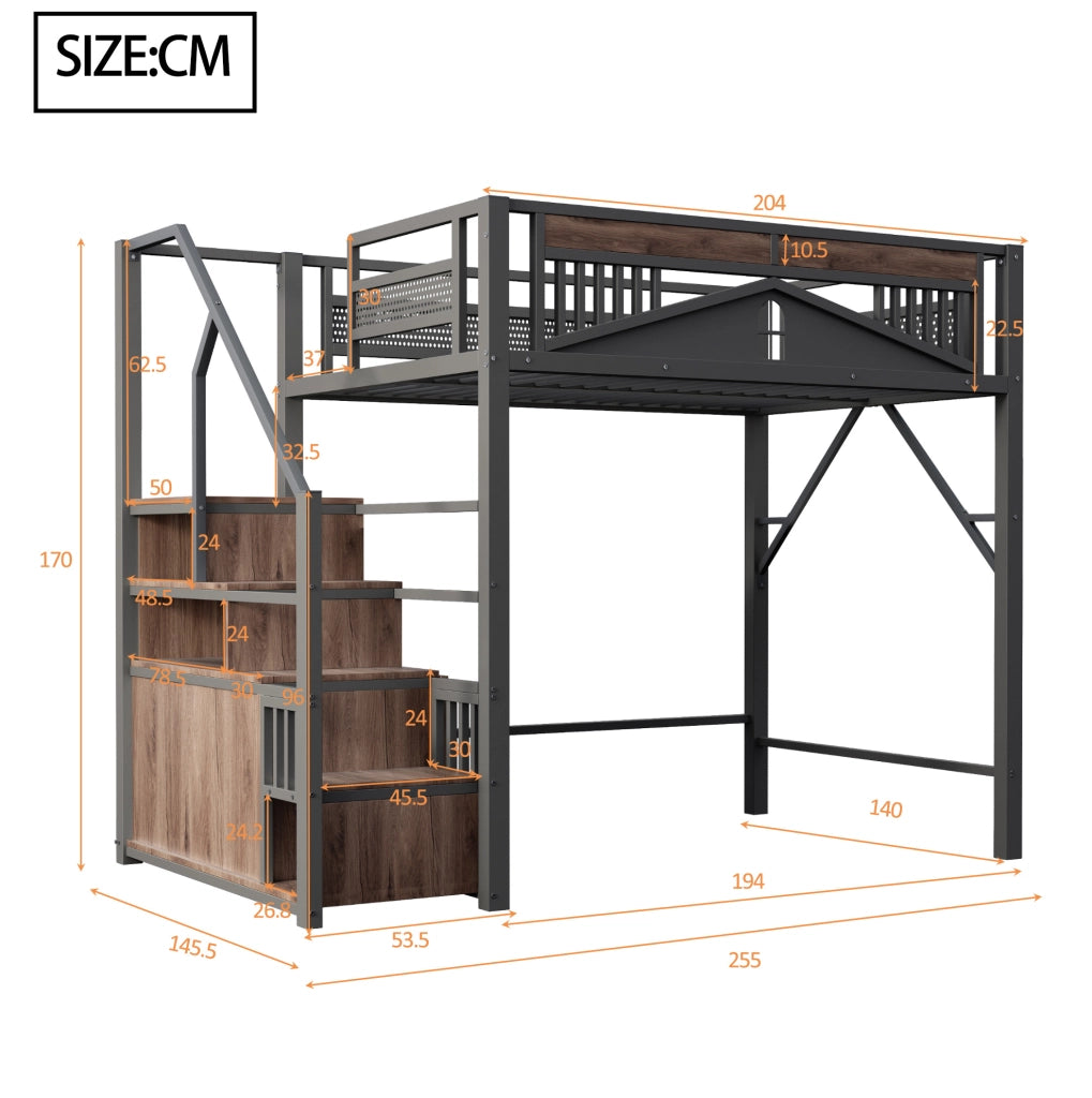 Letto a soppalco in metallo 140x200 cm con scale laterali; sponda finestrata e contenitore; nero
