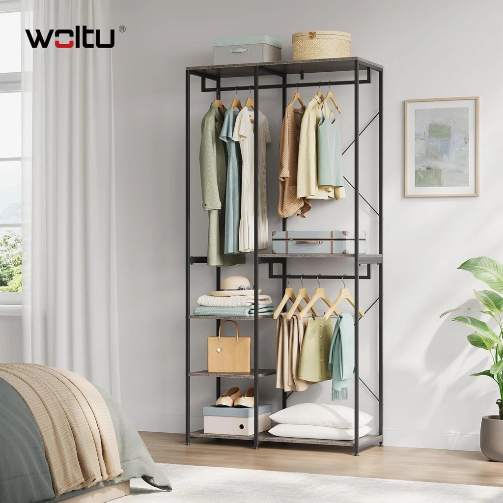 Porta Abiti in MDF e Acciaio, Appendiabiti con Scaffali, Attaccapanni Moderno, Guardaroba Armadio Nero 90x40x204,5 cm