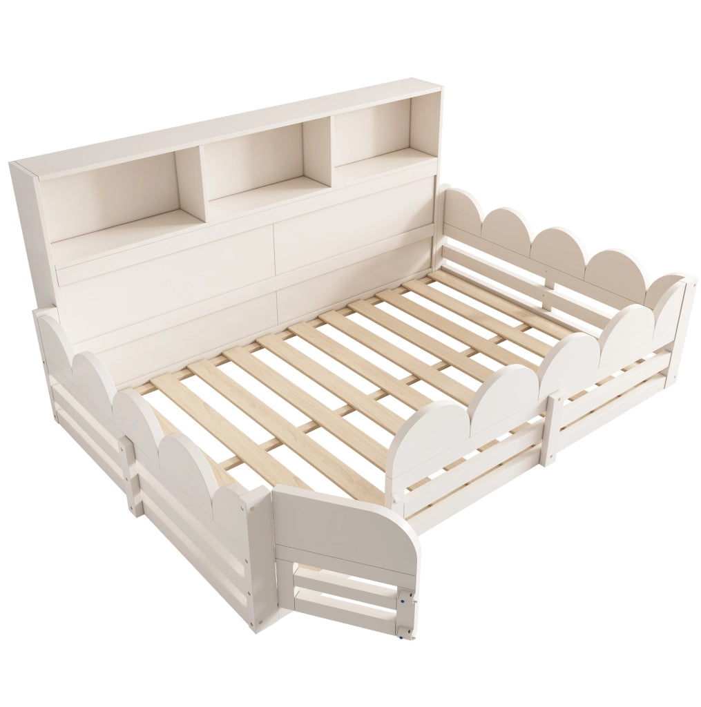 Letto a pavimento per bambini 140x200 cm bianco in legno con sponde; porta e ripiani