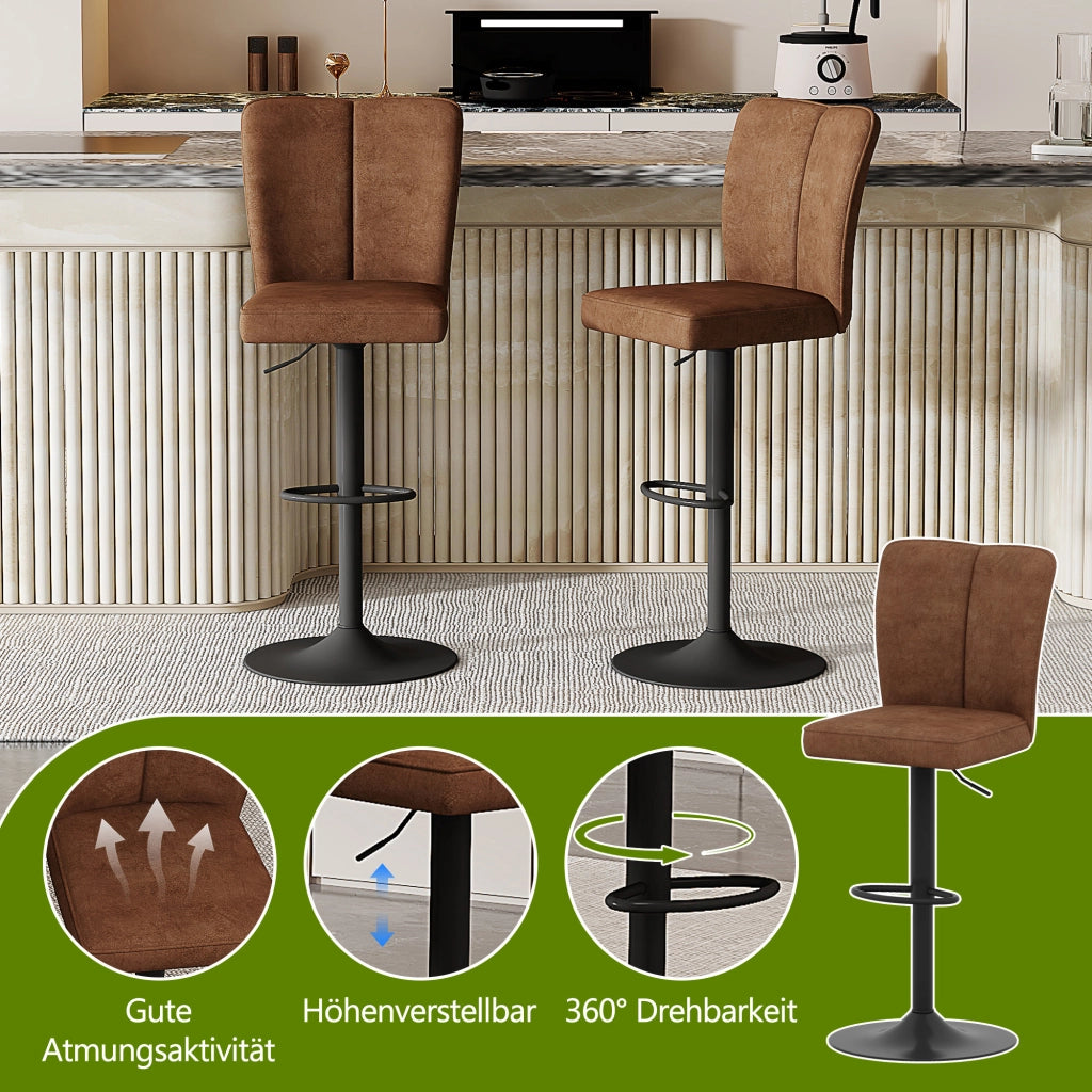 Taburetto da bar set di 2 girevole a 360° con altezza regolabile e poggiapiedi in tessuto e metallo marrone nero