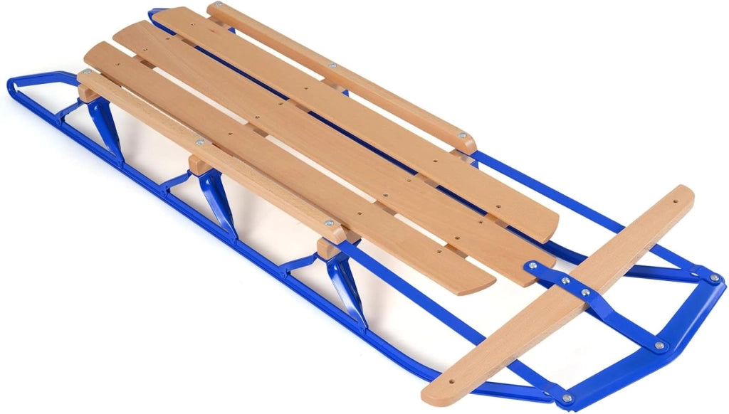 Slittino da Neve, Slittino per Bambini e Adulti con Barra di Direzione, Fori Preforati e Maniglie, Slitta da Neve in Legno e Metallo Vernicato, Carico Massimo 150 kg