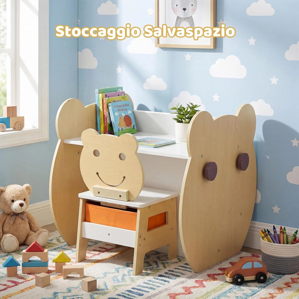 Set Tavolo e Sedia per Bambini 3+ Anni, Tavolo Multifunzionale con Lavagna Bifacciale, Ripiano e 4 Ganci Laterali, Sedia Comoda con Cassetto Rimovibile per Cameretta e Asilo (Naturale)