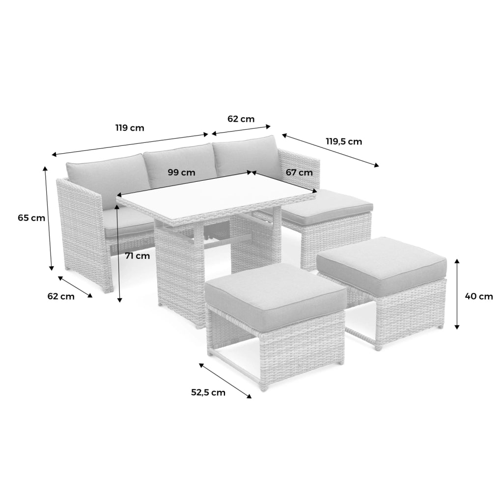 Set tavolo da giardino con pouf a incasso con 6 posti, marrone