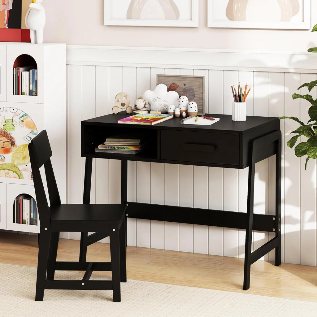 Set Tavolo e Seide per bambini in Legno, Scrivania e Sedia con Cassetto e Scomparto, Tavolino e Sedia per Cameretta, Soggiorno e Scuola (Nero)