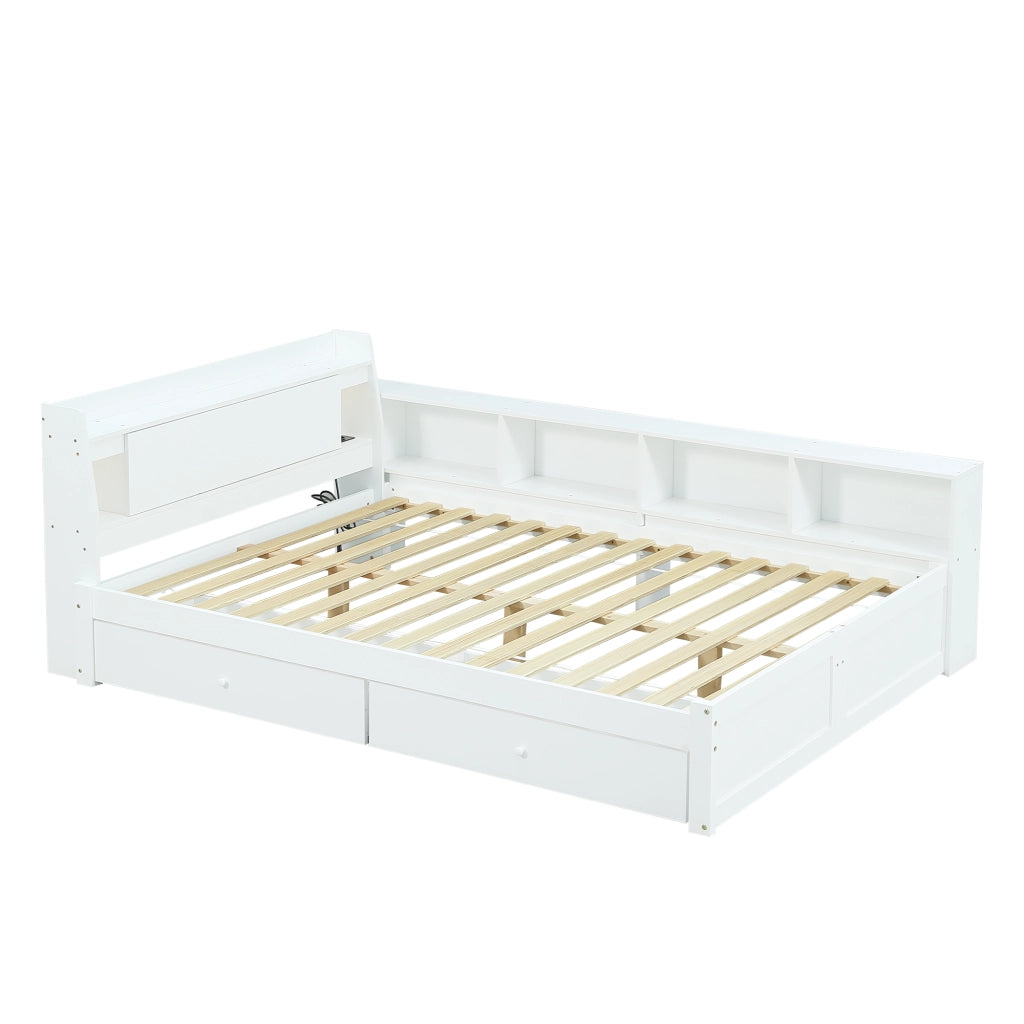Letto Matrimoniale con Contenitore, Cassetti e Testiera con Luce LED ¨C MINIMAL ¨C Bianco, Pino, 140x200