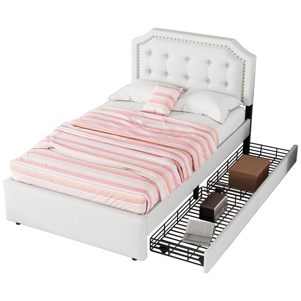Letto basso imbottito con testiera regolabile; rivetti decorativi e 2 cassetti; MDF e lino; beige chiaro; 90x200 cm