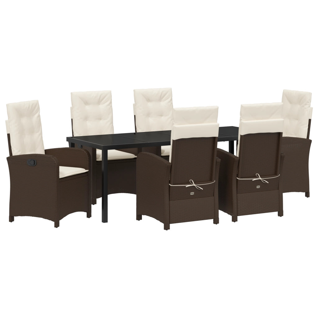 Set da Pranzo da Giardino da 7 Pezzi con Cuscini Marrone Rattan Poliestere