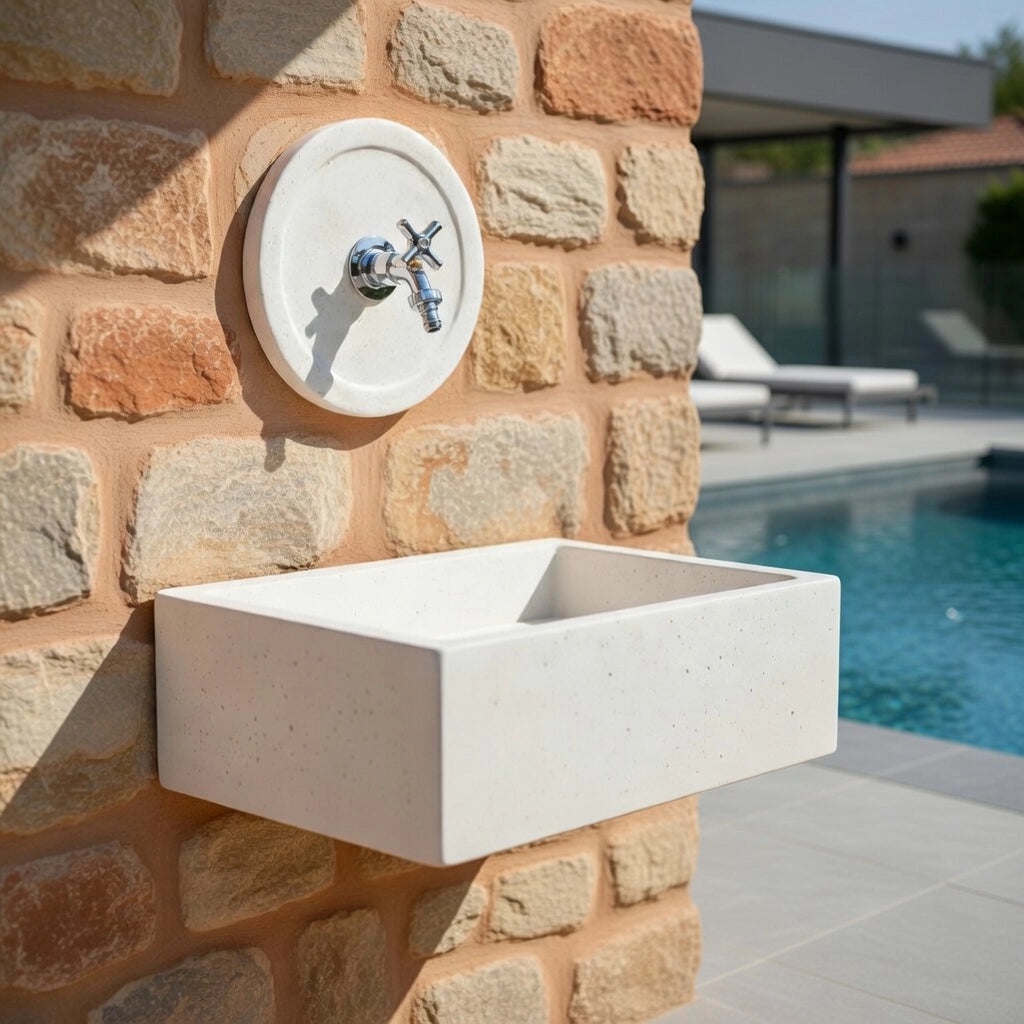 Lavello Rettangolare da Esterno 45x35 cm con Rosone Installazione a Muro in Cemento Madrid Bianco