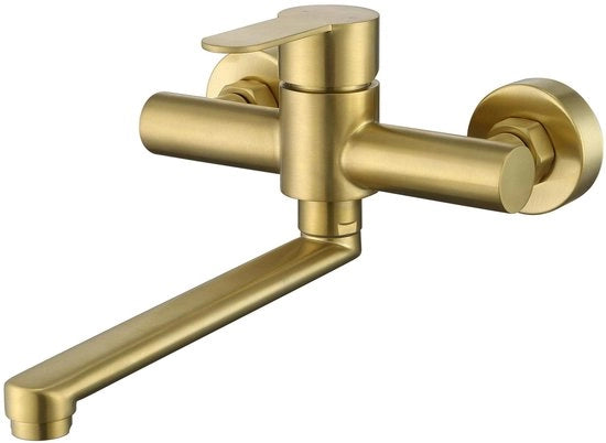 Wastafelkraan 360° rotativa in acciaio inox 304 per cucina, installazione a parete, rubinetto per lavandino singolo maniglia, finitura lucidata oro.