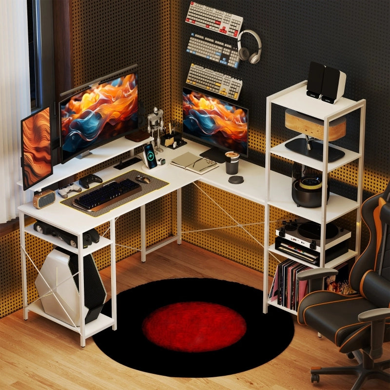 Scrivania angolare in legno con presa elettrica, porte USB e supporto monitor, per ufficio, bianco 137 × 140 × 139,5 cm