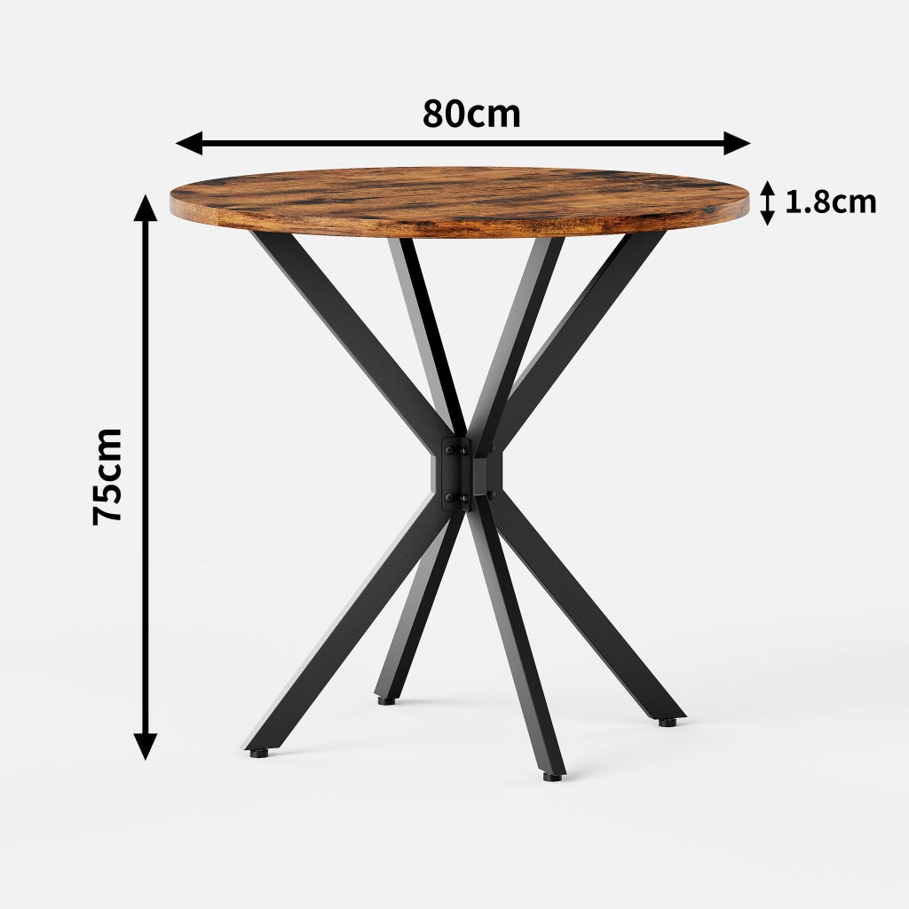 Tavolo da pranzo rotondo con base a X, per 2 persone, per cucina e home office, in truciolare e ferro, marrone nero, Ø 80 cm