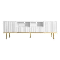 Mobiletto Porta TV Moderno con Piedini e Bordi Dorati, Due Ripiani e Due Cassetti, 165x36x55 cm, Bianco