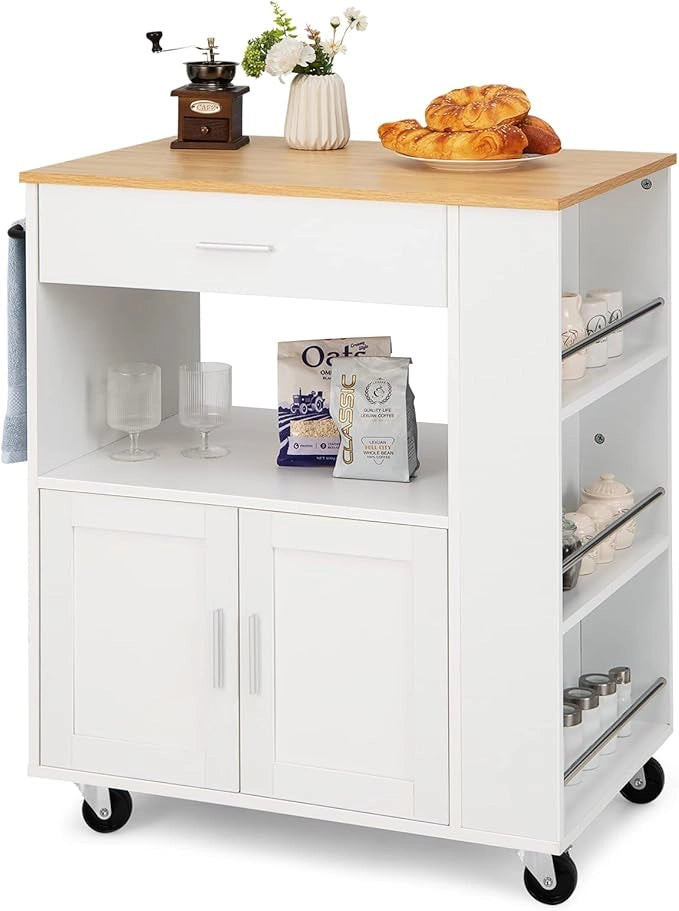 Carrello da Cucina con Ruote, Isola da Cucina con 3 Portaspezie 1 Cassetto Armadietto a 2 Porte, Carrello Portaoggetti con Portasciugamani, 82x46x92 cm (Bianco)