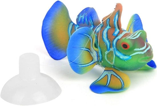 Decorazione per Acquario Silicone con Ornamento a Forma di Pesce con Zuignap e Disegno Galleggiante in Verde e Blu