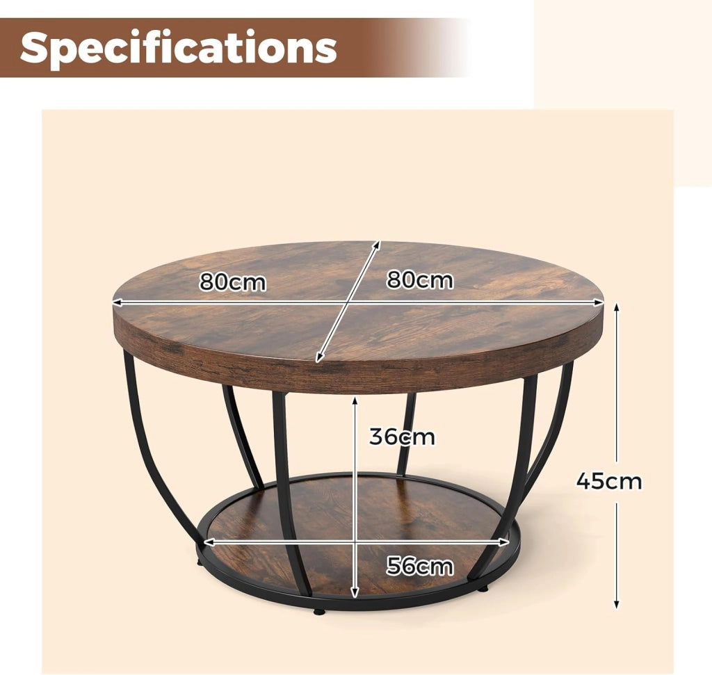 Tavolino rotondo a 2 livelli, 80 x 80 x 45 cm, tavolo da soggiorno con superficie in finto legno e struttura in metallo, elegante tavolino per camera da letto, ufficio (marrone)