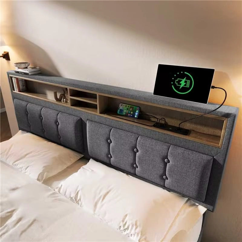 LETTO Contenitore 140x200 cm in lino grigio con testiera regolabile e prese USB