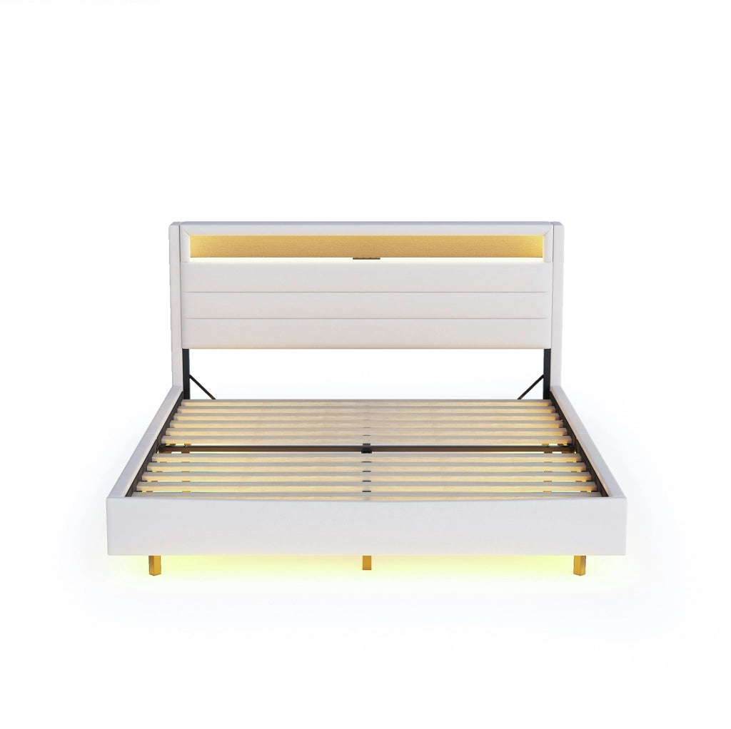 Letto matrimoniale 160x200 cm con USB e LED; testiera ribaltabile; tessuto beige (Senza materasso)