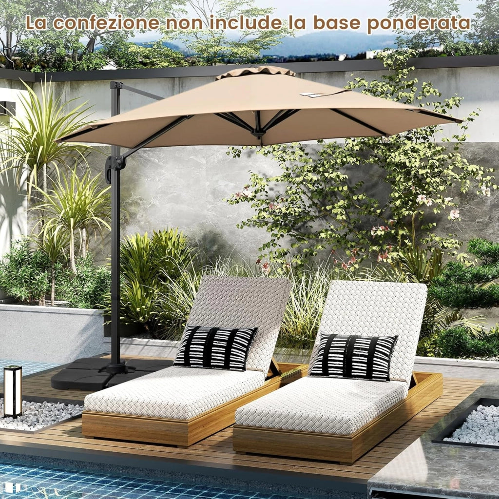 Ombrellone a Cantilever da Giardino 294 cm, Rotazione 360° e 5 Angoli Regolabili, 8 Stecche Base a Croce, Impermeabile, per Cortile Piscina Esterno (Beige)