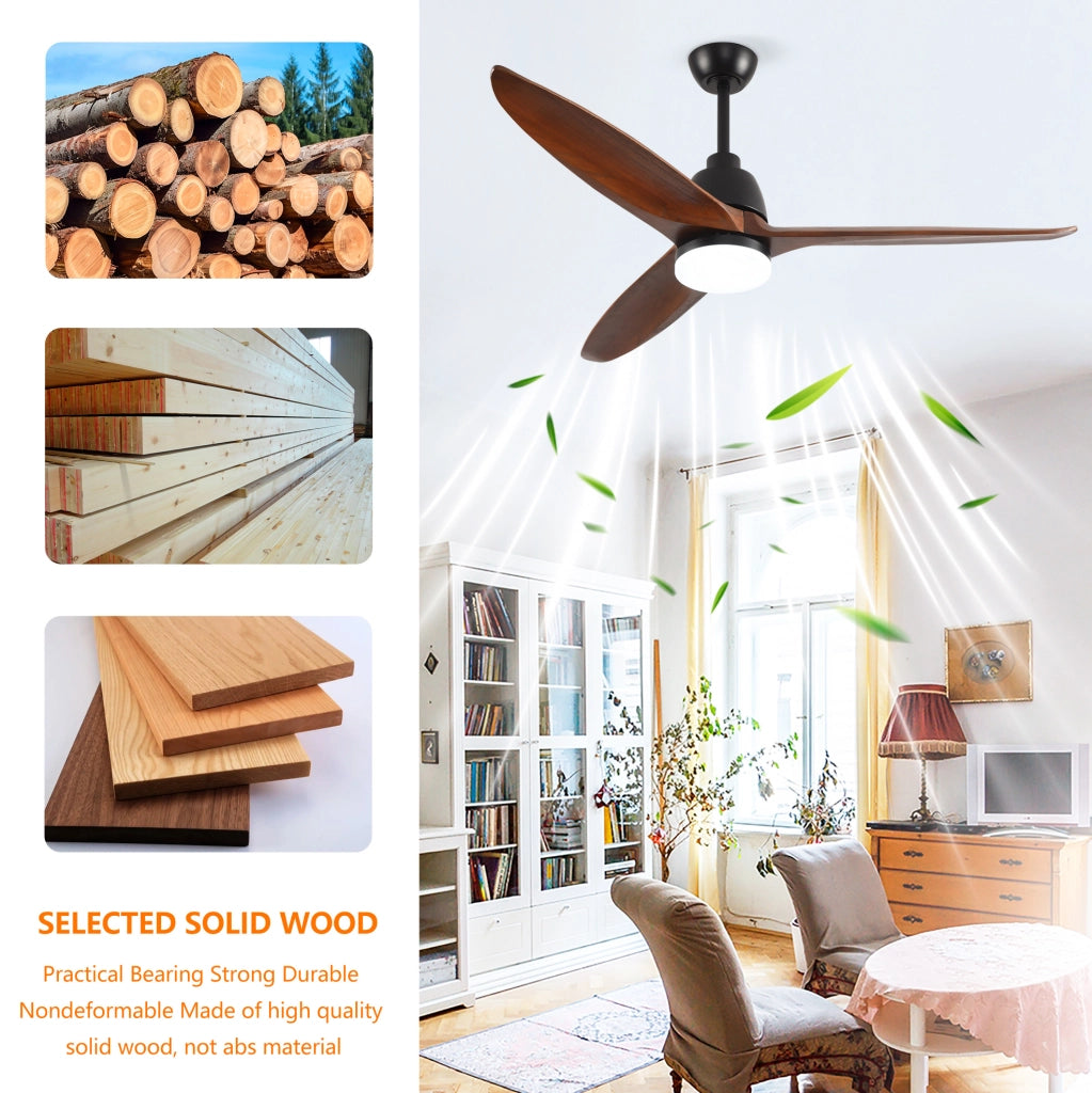 Ventilatore da soffitto 52" con luce LED, 3 pale in legno, nero e noce scuro