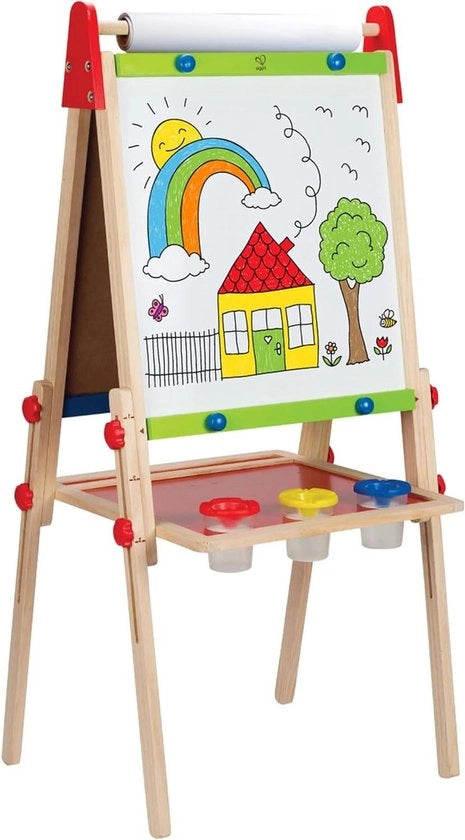 Bancoposta per bambini con regolazione di altezza, rotolo di carta, lavagna, lavagna bianca, magneti e 3 pennelli.