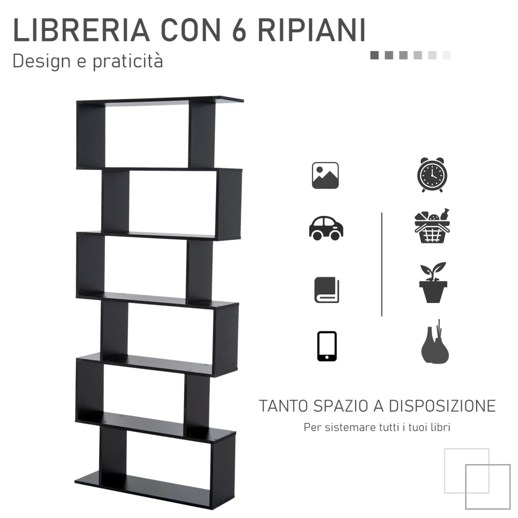 Libreria Legno Design Moderno con 6 Ripiani 80 ¡Á 23 ¡Á 192cm Nero