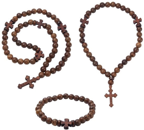 Set di 3 Gebedsketten in Legno - 25/33/50 Nodi - Disegno a Croce Tradizionale - Meditazione Spirituale - Maniglia Comoda