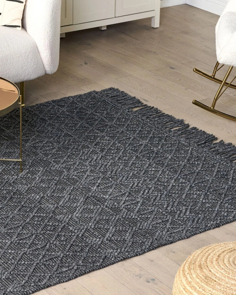 Tappeto in lana poliestere nero 160 x 230 cm motivo geometrico nappe Boho moderno