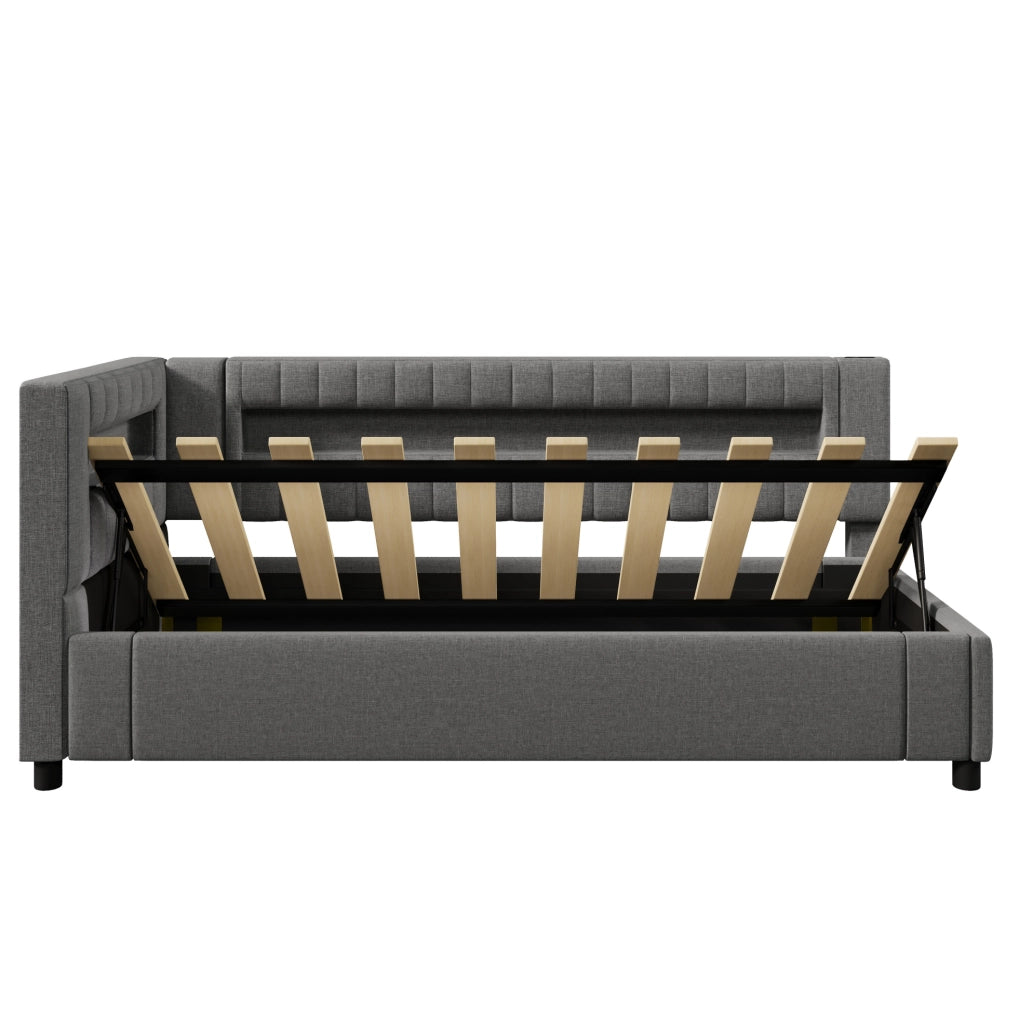 Letto singolo 90x200 cm grigio con LED, USB-C e contenitore idraulico