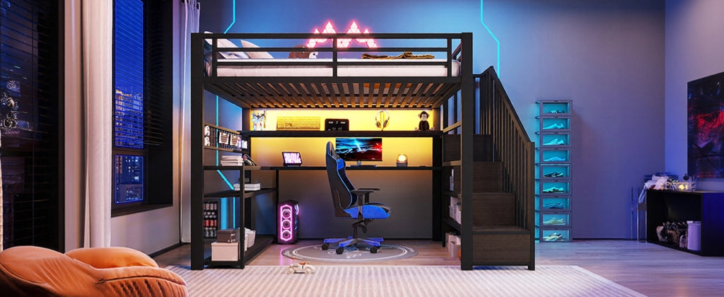 LETTO a soppalco gaming 140x200 cm MDF e metallo nero con LED, scrivania e armadio