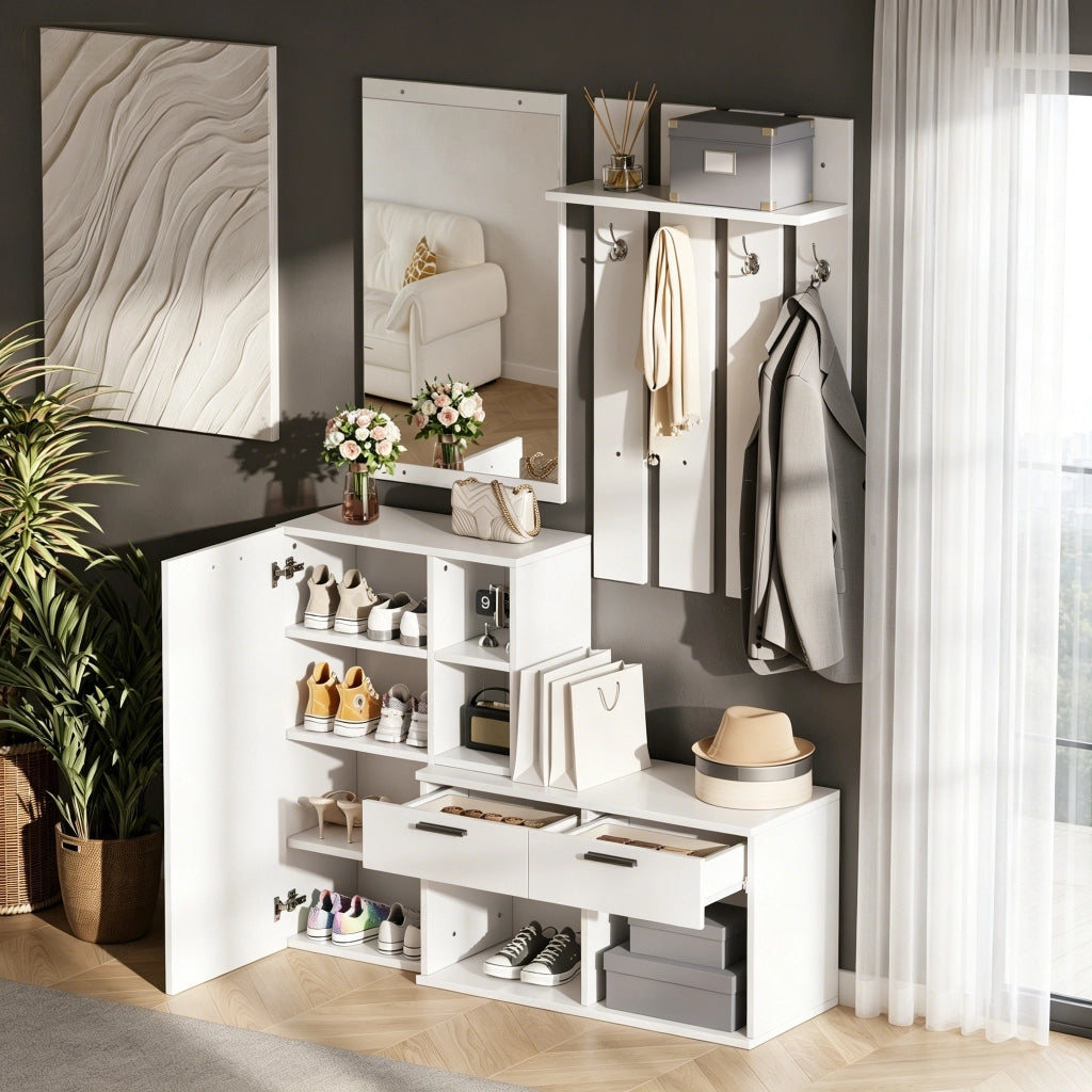 Mobile ingresso con 1 anta; 2 cassetti; 10 vani; 4 ganci e specchio - per ingresso - in MDF - 120×35×175.5 cm - bianco