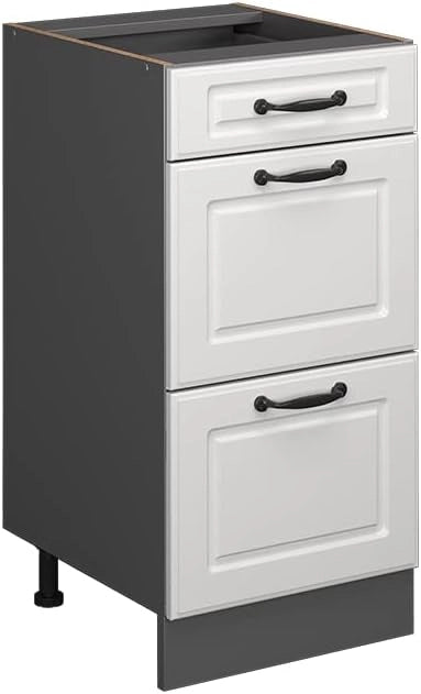Mobiletto base per cucina R-Line, Bianco casa di campagna, 40 cm con cassetti, senza piano di lavoro, per la libera combinazione all'interno di sistemi cucina modulari