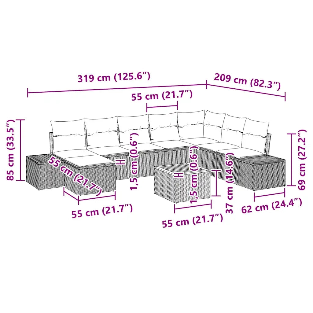 Set Divano da Giardino con cuscino 9 pcs Grigio polyrattan 3347993
